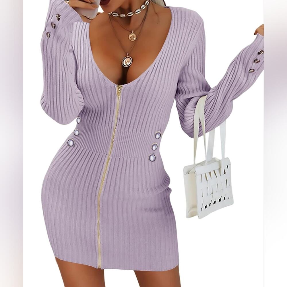 New Lavender Violet Purple Knit Sweater Dress Zipper Bodycon Sexy Dress Size XXL